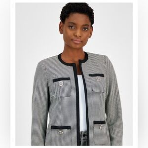 Anne Klein Petite Houndstooth Collarless Braid-Trim Jacket/size 14P